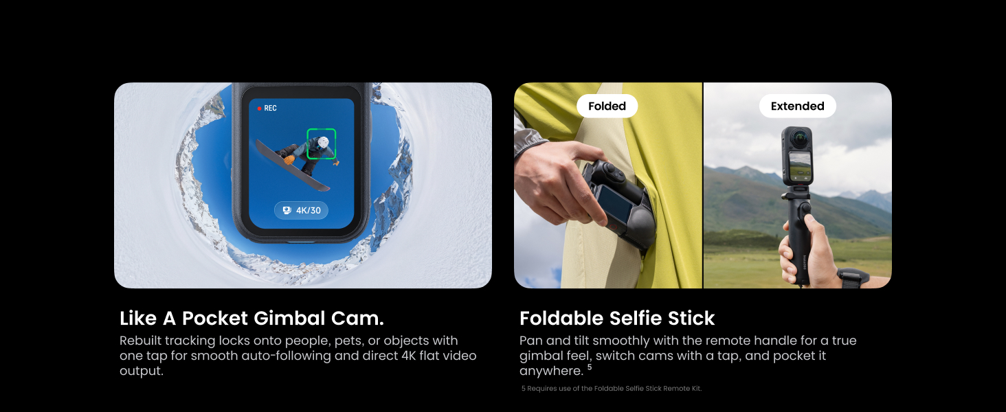 Insta360 X6 – urmărire automată a subiectului și băț de selfie pliabil cu telecomandă