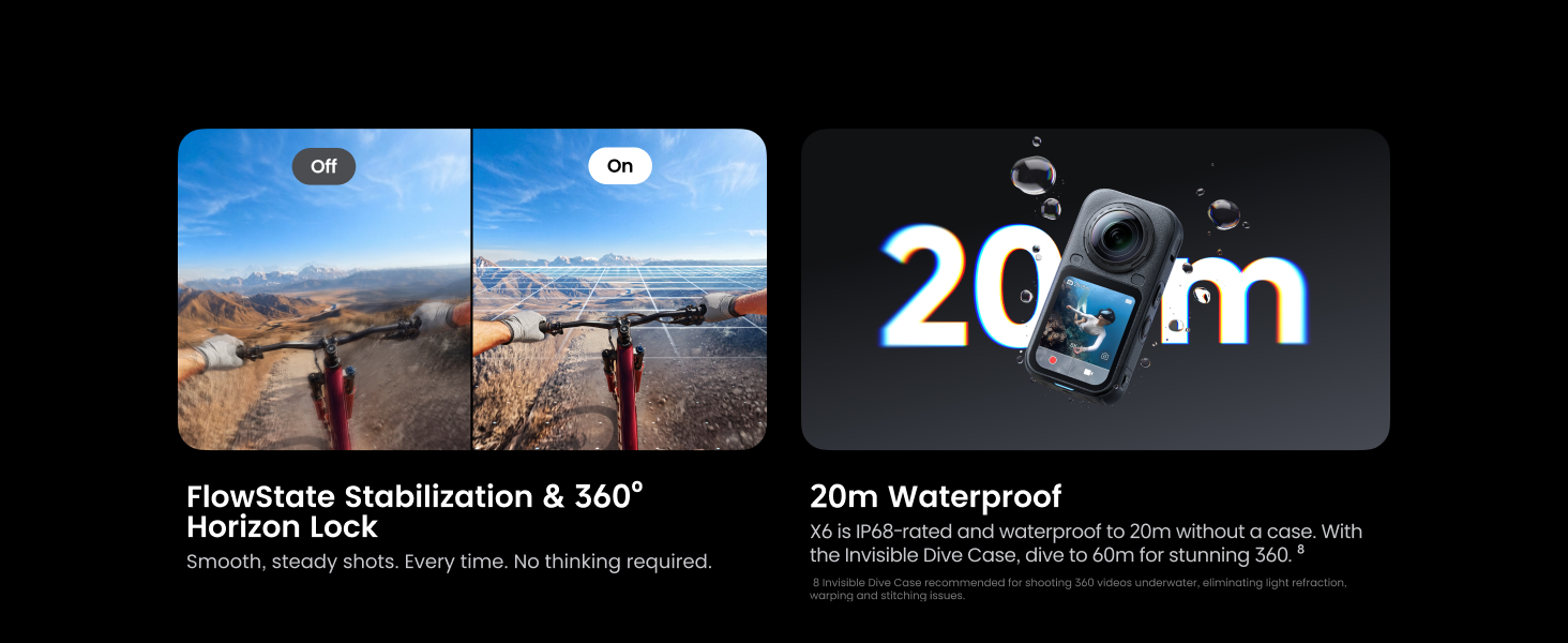 Insta360 X6 – stabilizare FlowState, Horizon Lock și rezistență la apă 20 m