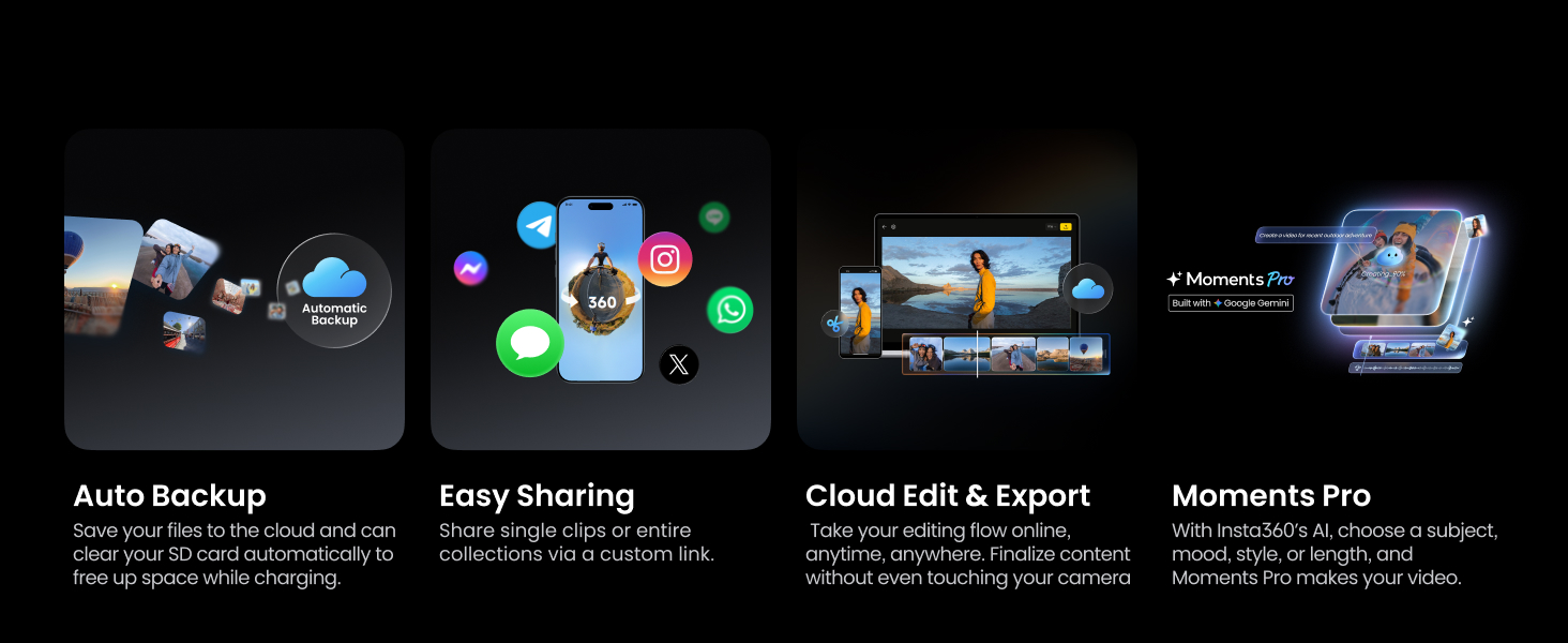 Insta360 X6 – backup automat, partajare, editare în cloud și Moments Pro