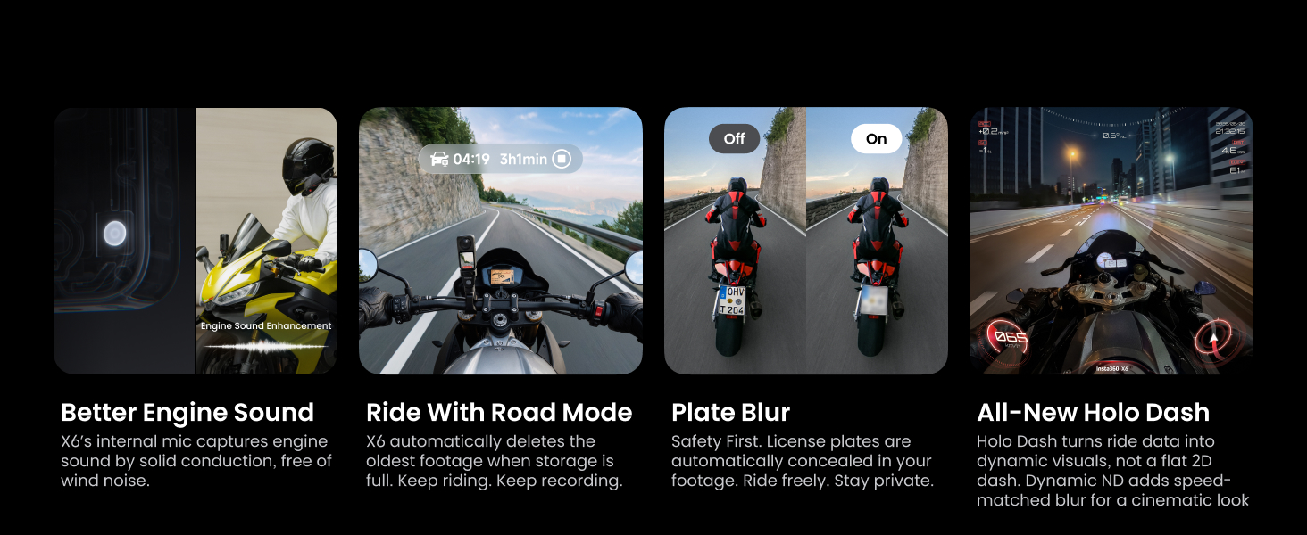 Insta360 X6 pe motocicletă – Road Mode, Plate Blur și Holo Dash