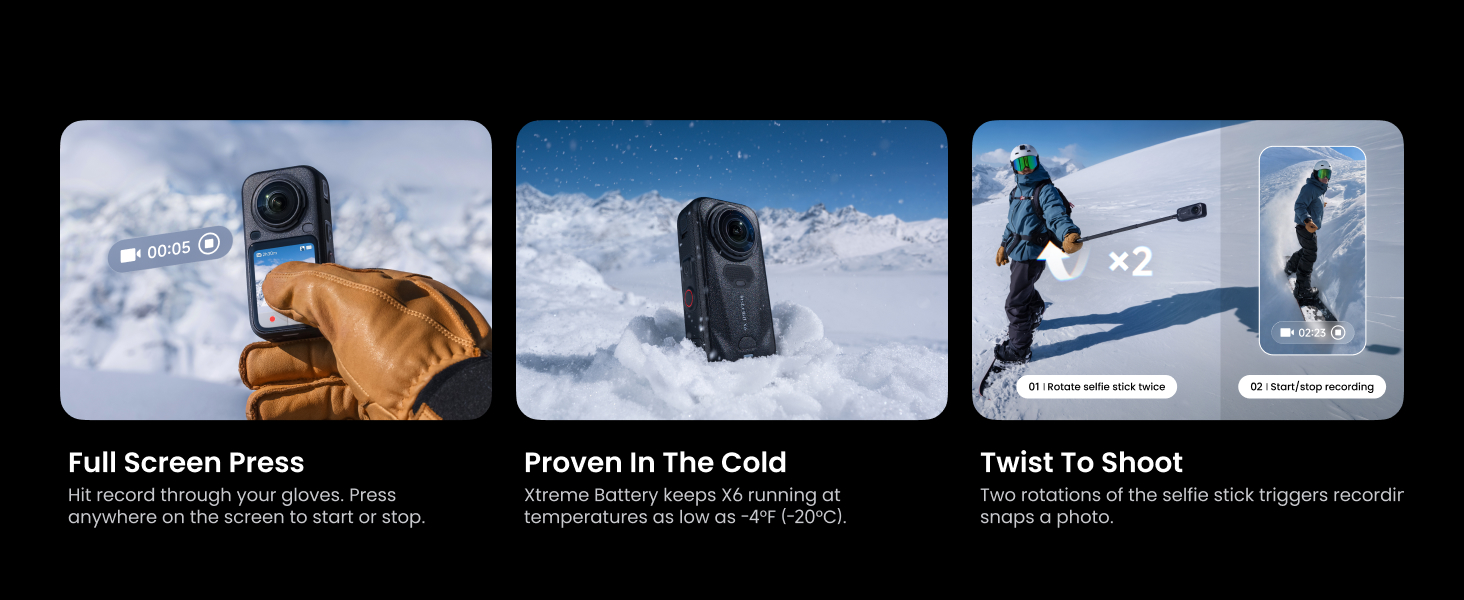 Insta360 X6 la temperaturi scăzute, cu mănuși și pornire prin rotirea bățului