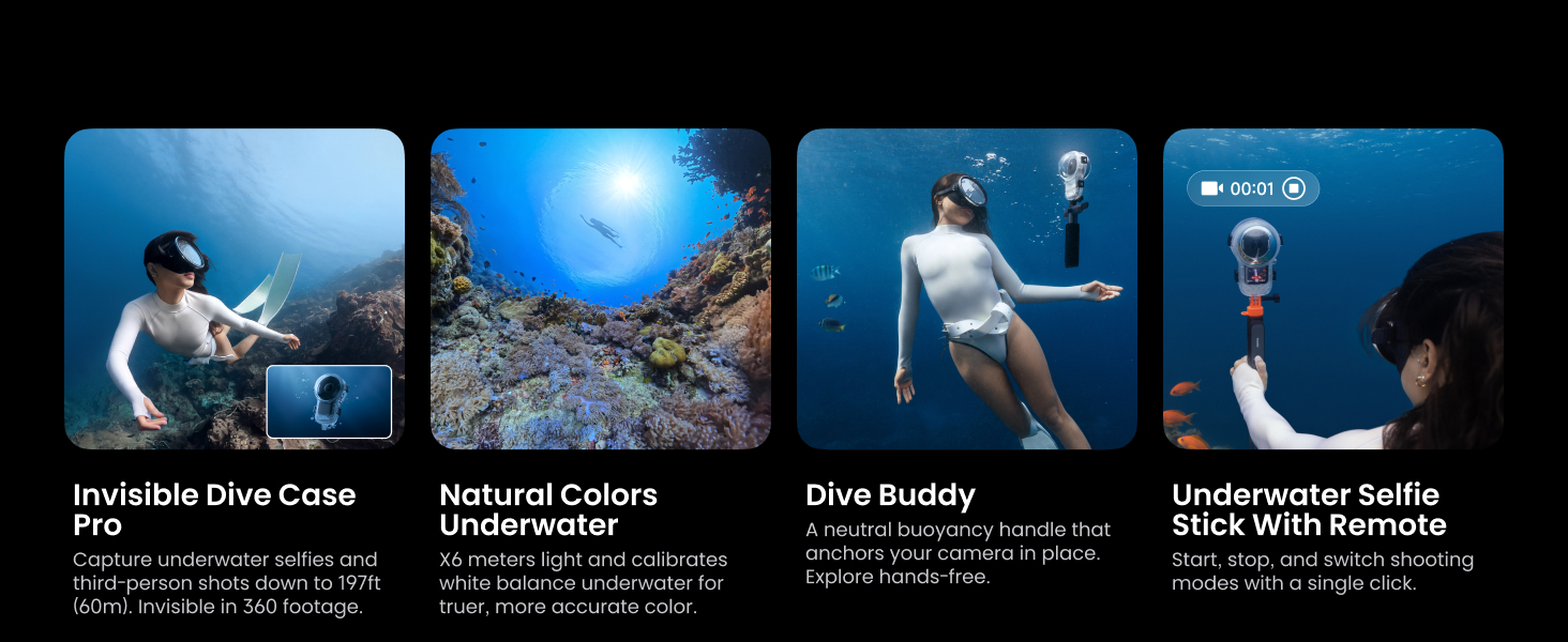 Insta360 X6 sub apă – Invisible Dive Case Pro până la 60 m și culori naturale