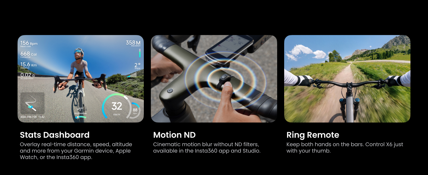 Insta360 X6 pe bicicletă – Stats Dashboard cu date Garmin, Motion ND și Ring Remote