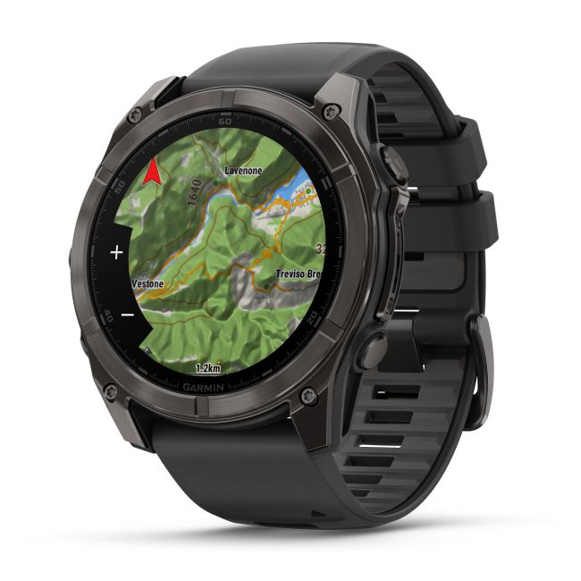 Garmin - fenix 8x AMOLED Sapphire 51mm - smartwatch premium AMOLED - ramă gri din titanium DLC si curea din silicon neagră-gri